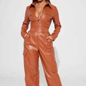 Vegan leather cargo jumpsuit